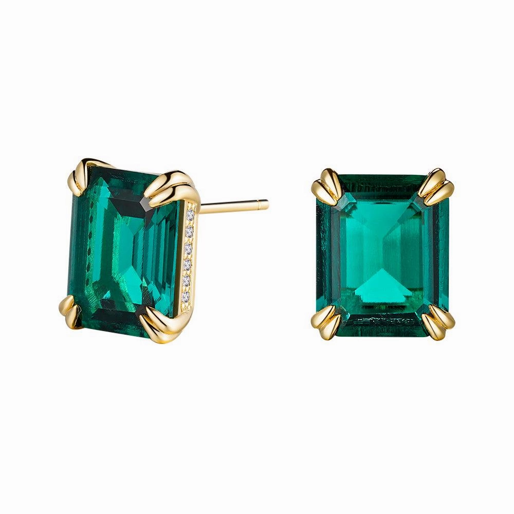 Unique Spark 10 Ctw Double Prong Set Emerald Cut Emerald Stud Earrings