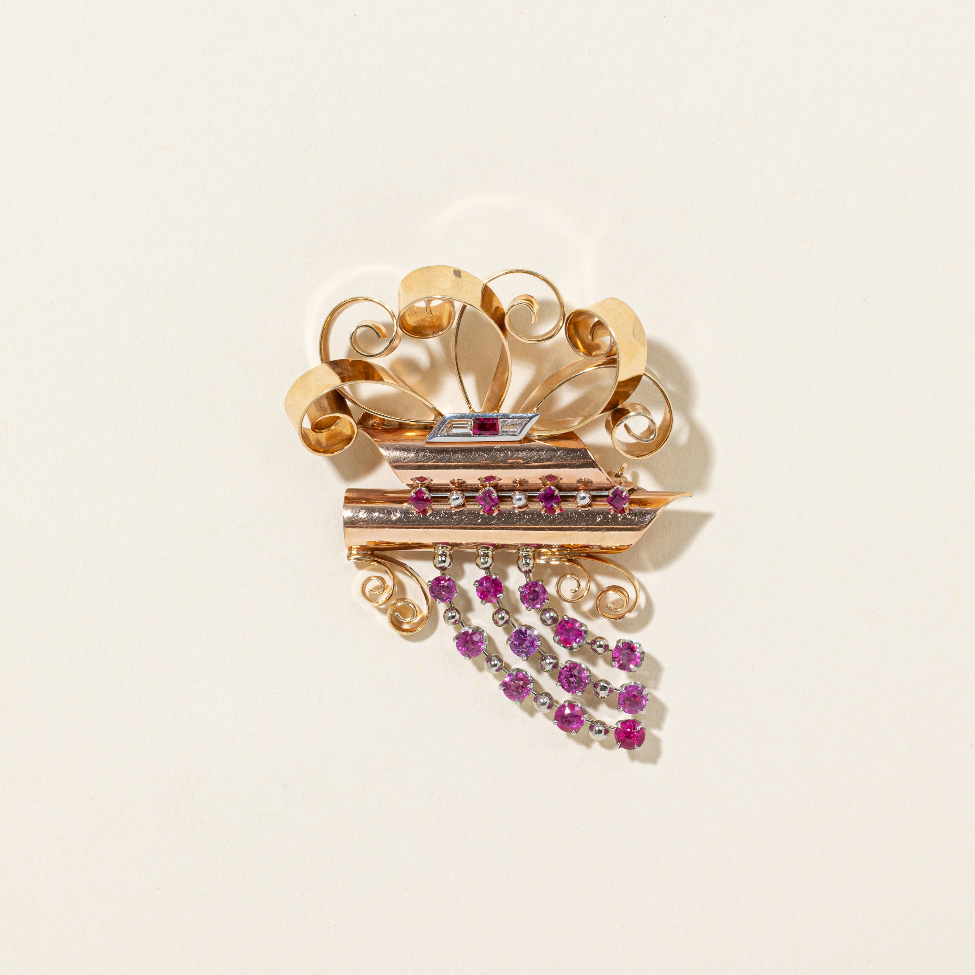 Artisan Flair Soft Accent 14k Retro Ruby & Diamond Scrollwork Brooch | 3.30ctw, 0.17ctw |