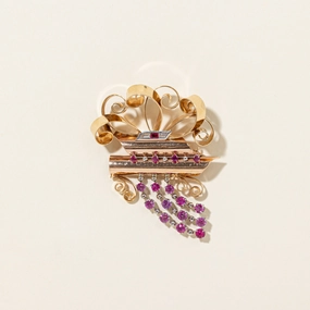 Artisan Flair Soft Accent 14k Retro Ruby & Diamond Scrollwork Brooch | 3.30ctw, 0.17ctw |