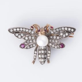 Natural Flow 14K Rose Gold with Silver Butterfly Pearl Ruby Diamond Brooch | 6.60mm, 0.22ctw, 0.75ctw