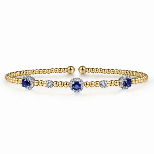 14K Two-Tone Gold Diamond and Sapphire Bujukan Cuff Bracelet Handcrafted Design