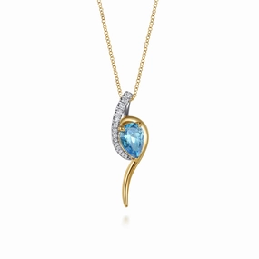 Bright Accent Casual Touch 14K White & Yellow Gold Diamond and Pear Shape Blue Topaz Bypass Pendant Necklace