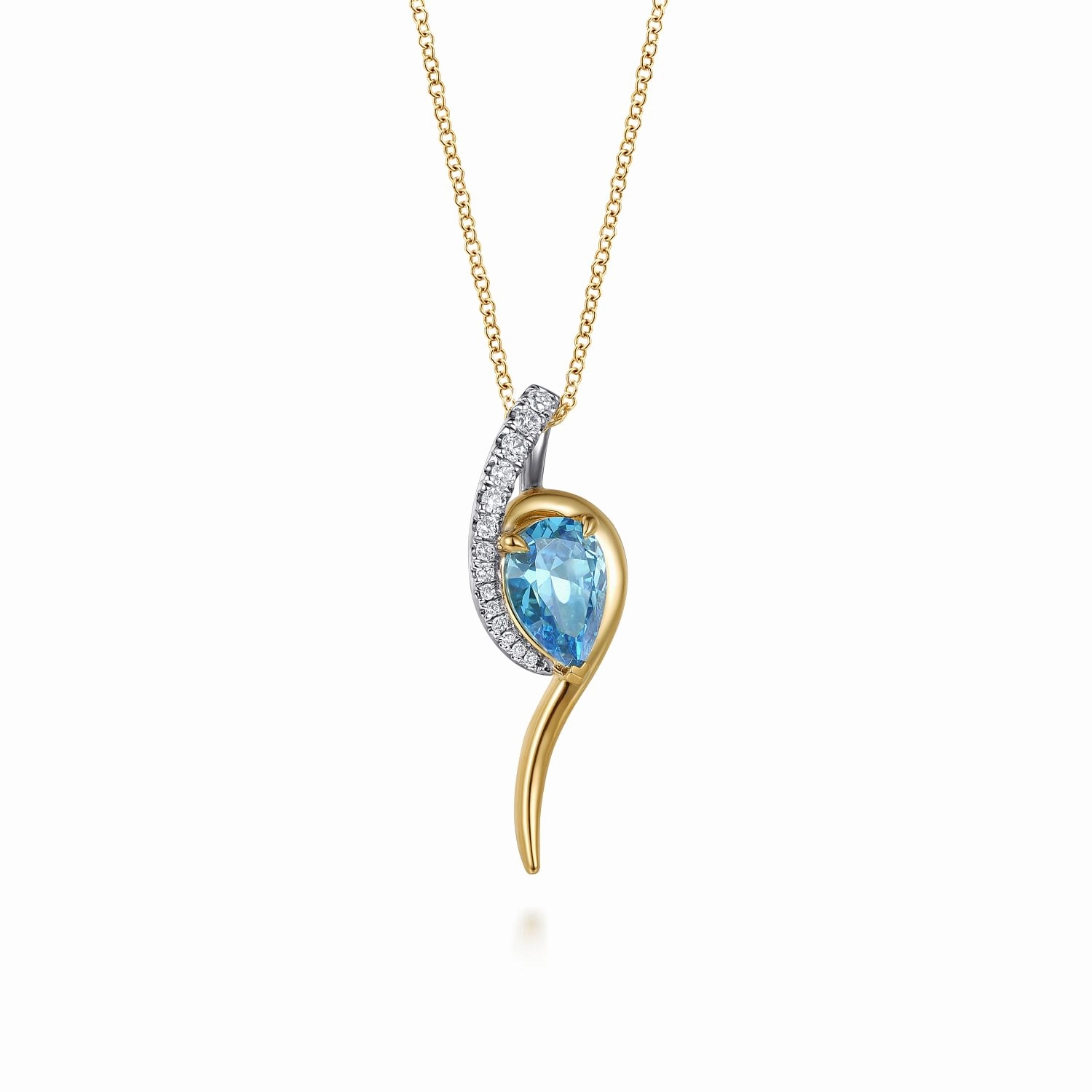 Bright Accent Casual Touch 14K White & Yellow Gold Diamond and Pear Shape Blue Topaz Bypass Pendant Necklace