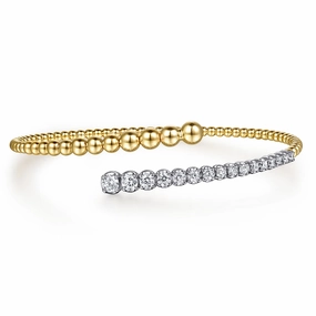 Sleek Style Radiant Design 14K White and Yellow Gold Bujukan and Graduating Diamond Bypass Bangle Bracelet