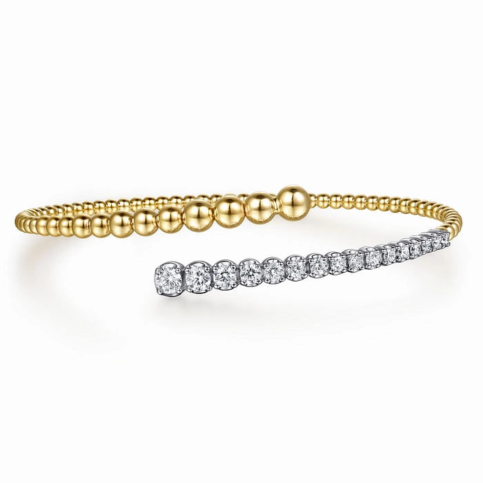 Sleek Style Radiant Design 14K White and Yellow Gold Bujukan and Graduating Diamond Bypass Bangle Bracelet
