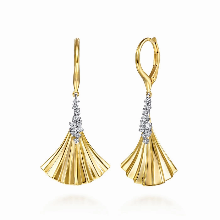 14K White and Yellow Gold Diamond and Diamond-Cut Leverback Drop Earrings Luxurious Style Bold Spark