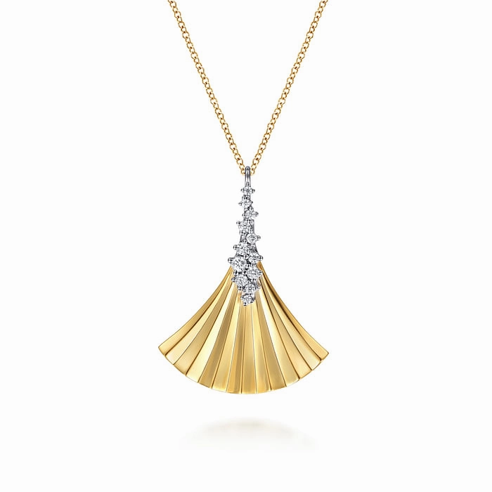 Elegant Highlight 14K White and Yellow Gold Diamond and Diamond Cut Pendant Necklace