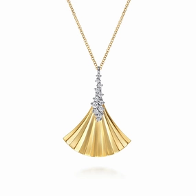 Elegant Highlight 14K White and Yellow Gold Diamond and Diamond Cut Pendant Necklace