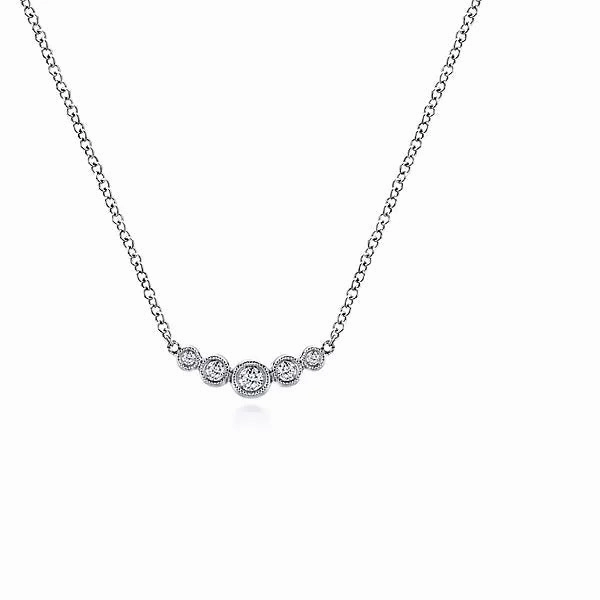Mature Style Luminous Finish 14K White Gold .11cttw Bezel Set Curved Diamond Bar Necklace