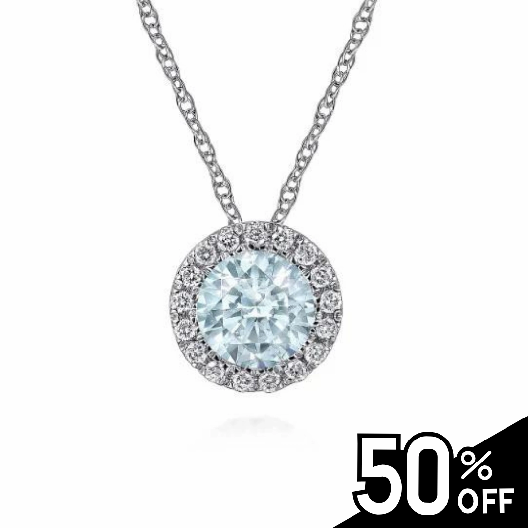 14K White Gold Aquamarine and Diamond Halo Pendant Necklace Daily Layer