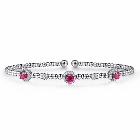 Neat Spark Luxury Vibe 14K White Gold Bujukan Bead Cuff Bracelet with Rubies and Diamond Halo Stations
