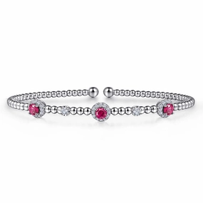 Neat Spark Luxury Vibe 14K White Gold Bujukan Bead Cuff Bracelet with Rubies and Diamond Halo Stations