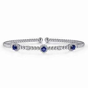 14K White Gold Bujukan Bead Cuff Bracelet with Sapphire and Diamond Halo Stations Balanced Accent