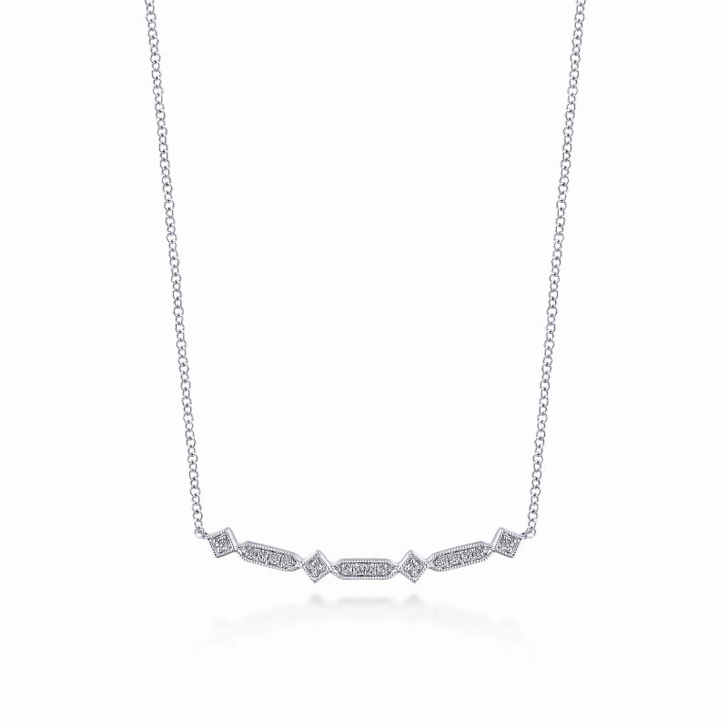14K White Gold Curved Geometric Diamond Bar Necklace Stylish Vibe