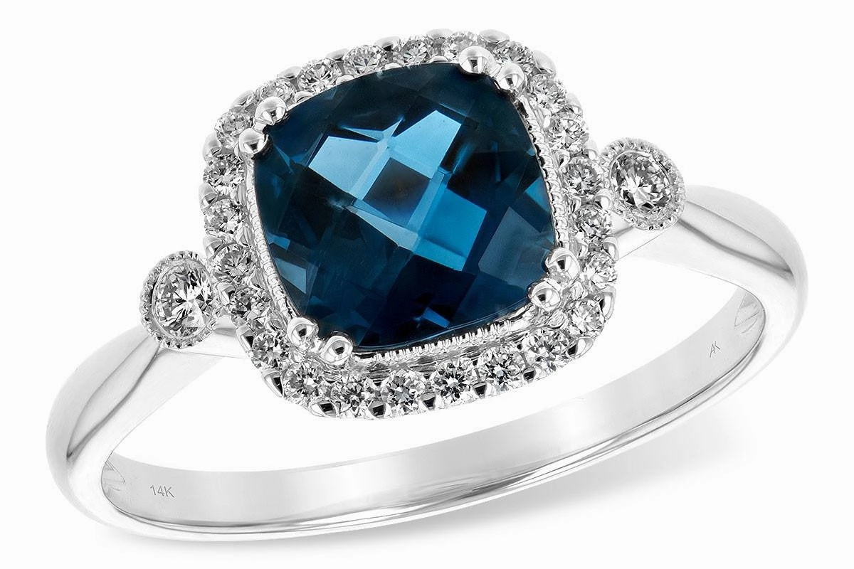 14K White Gold Cushion London Blue Topaz And Diamond Ring Graceful Balance Holiday Present