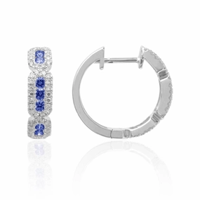 Gorgeous Finish Timeless Style 14K White Gold Diamond and Sapphire Art Deco Hoop Earrings