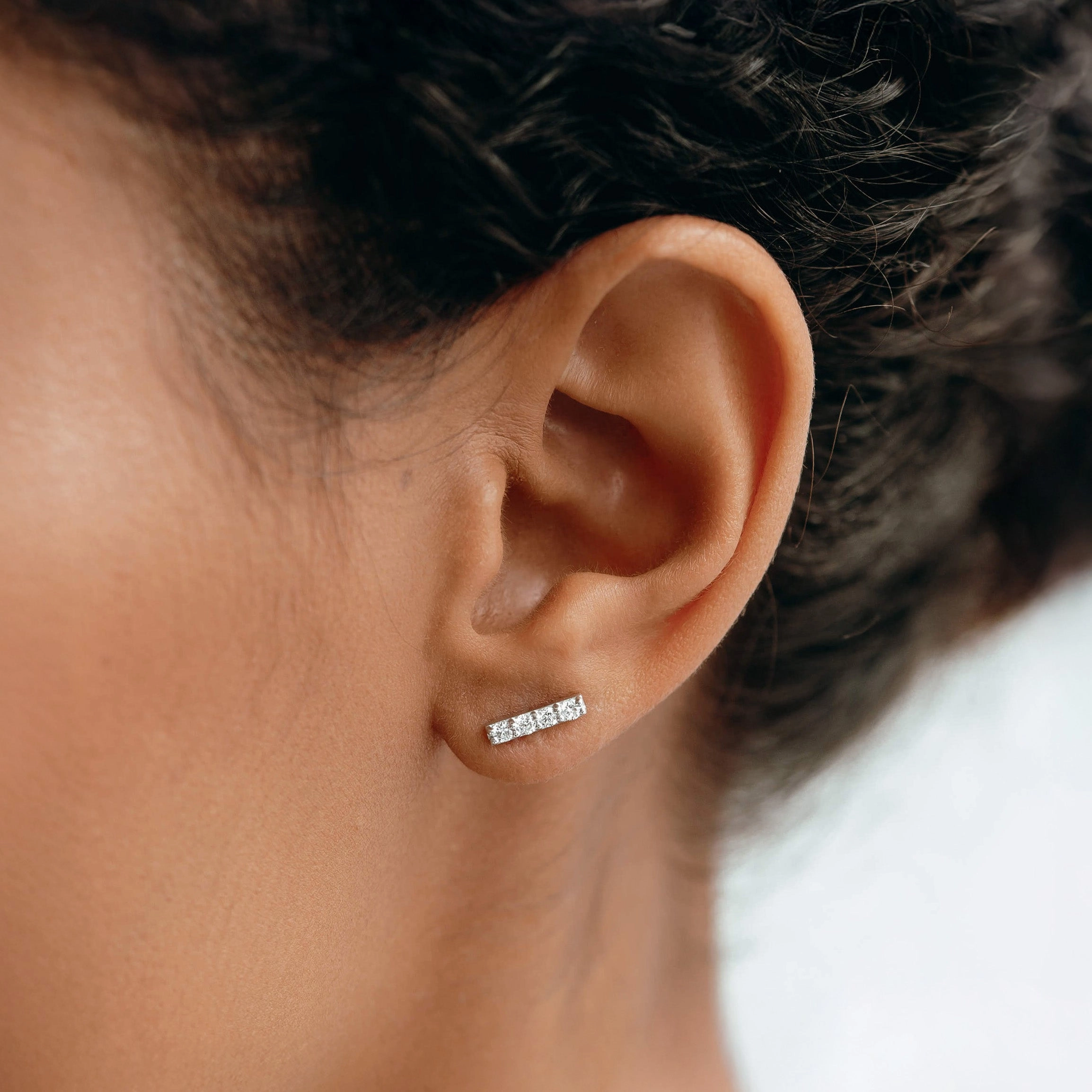 14k White Gold Diamond Bar Stud Earring - Lucia (Single) Minimal accessory Silhouetted Shine