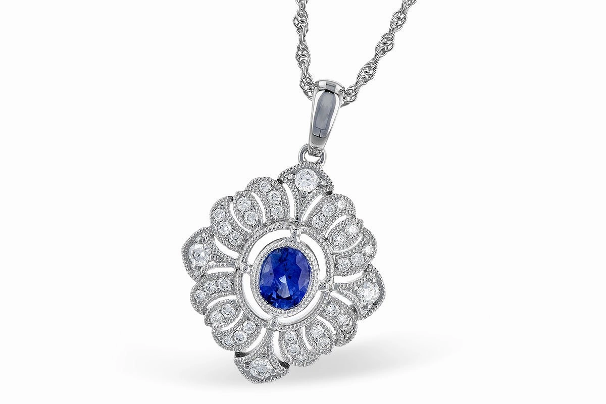 Ethnic Jewelry 14K White Gold Filigree Blue Sapphire and Diamond Necklace