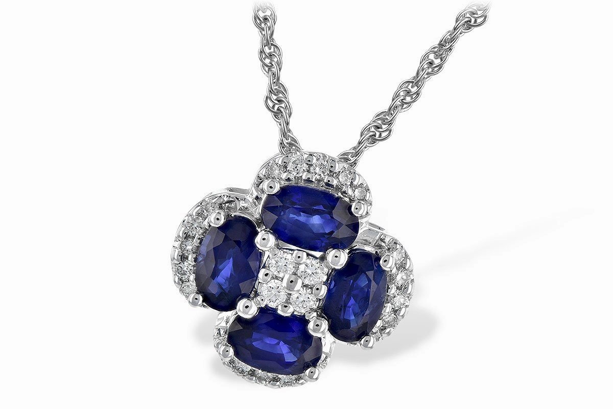 For Him 14K White Gold Floral Cluster Oval Sapphire Diamond Necklace