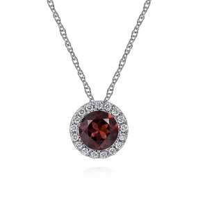 14K White Gold Garnet and Diamond Halo Pendant Necklace Layered Fit