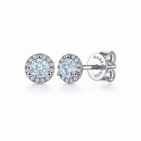 14K White Gold Halo Aquamarine and Diamond Stud Earrings Vibrant Highlight Distinctive Shape