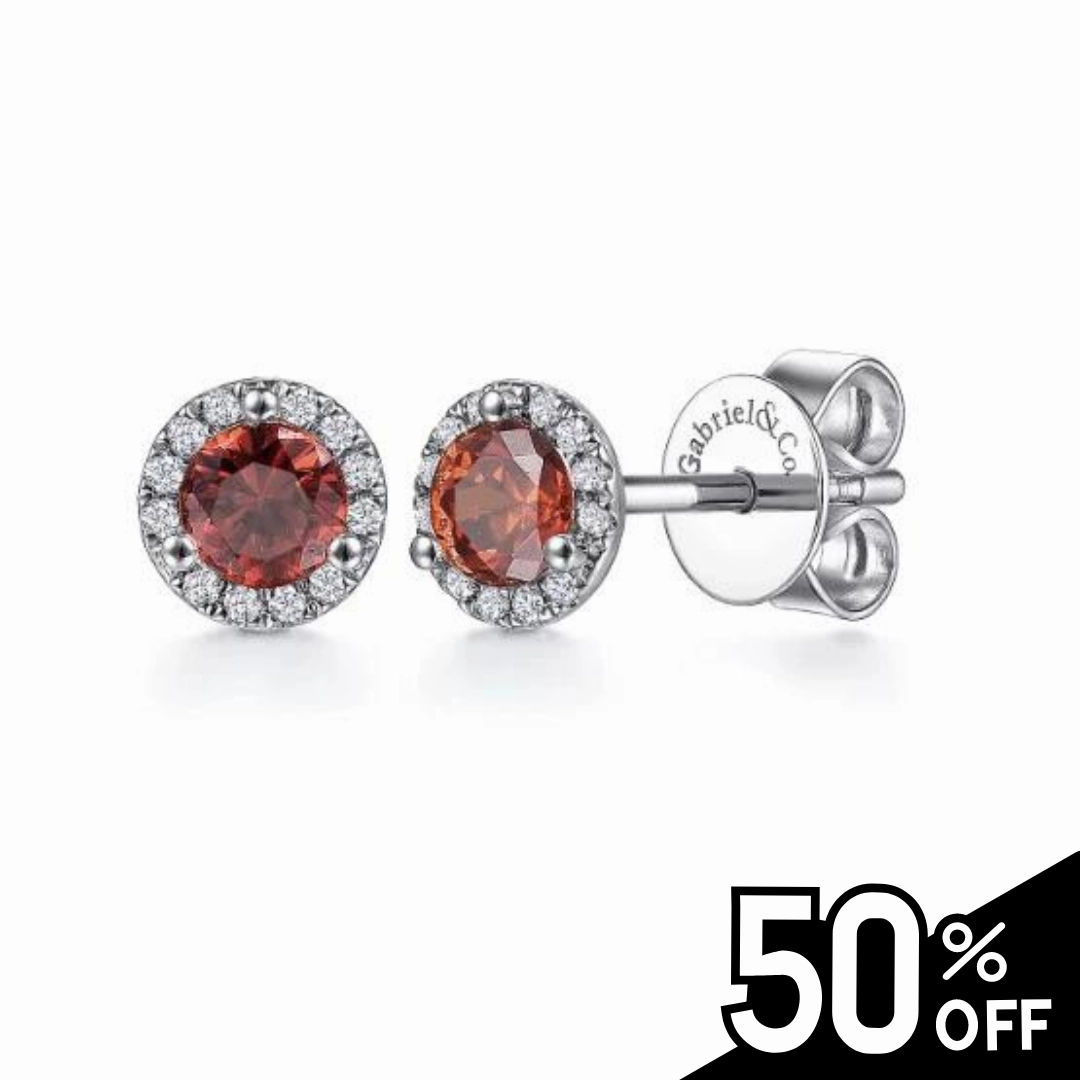 14K White Gold Halo Garnet and Diamond Stud Earrings Handmade Beauty Delicate Charm