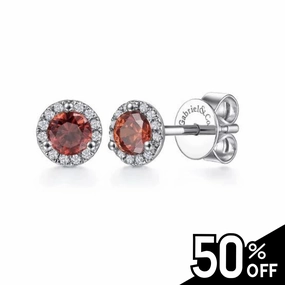 14K White Gold Halo Garnet and Diamond Stud Earrings Handmade Beauty Delicate Charm