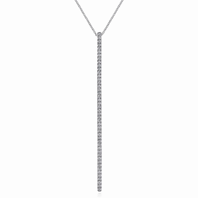 14K White Gold Long Diamond Bar Pendant Necklace Formal Fashion Shiny Details