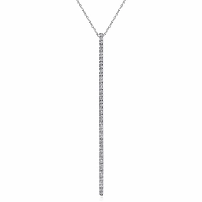 14K White Gold Long Diamond Bar Pendant Necklace Formal Fashion Shiny Details