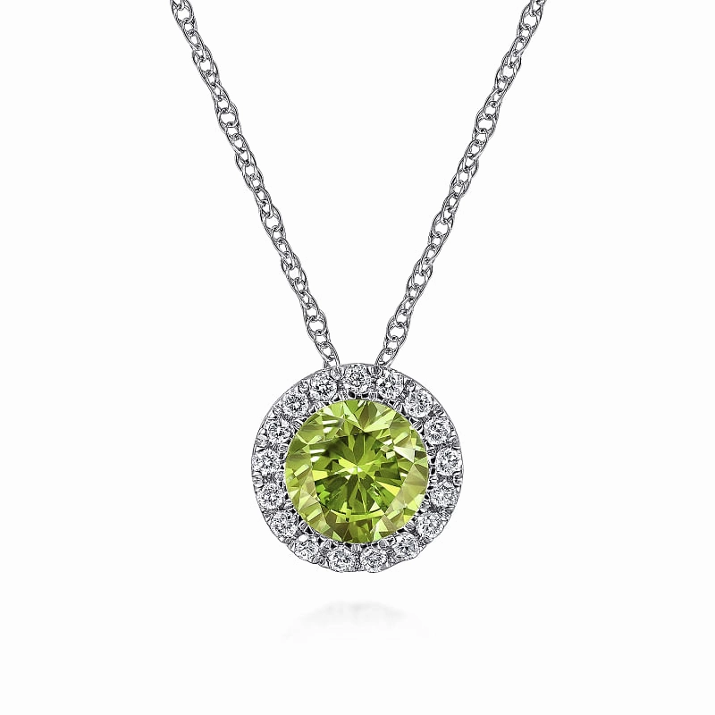 Shine Moment 14K White Gold Peridot and Diamond Halo Pendant Necklace