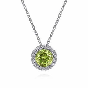 Shine Moment 14K White Gold Peridot and Diamond Halo Pendant Necklace