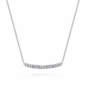 14K White Gold Round and Baguette Diamond Curved Bar Necklace Exclusive Accent