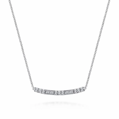 14K White Gold Round and Baguette Diamond Curved Bar Necklace Exclusive Accent