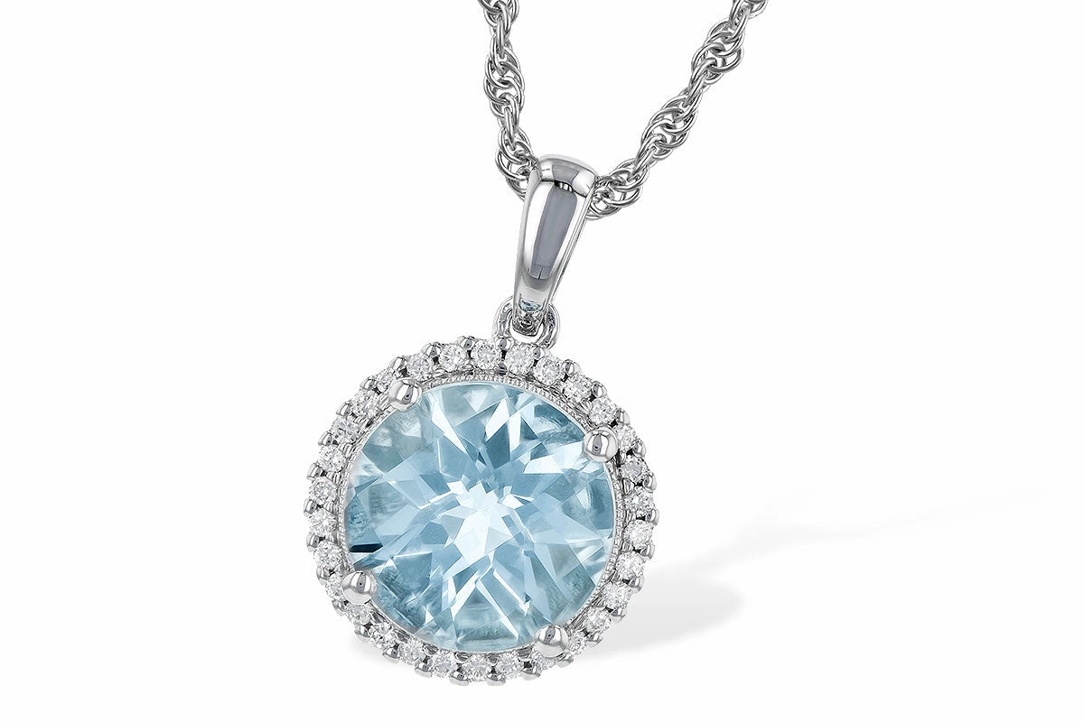 Personalized Style Petite Accent 14K White Gold Round Aquamarine and Diamond Halo Necklace