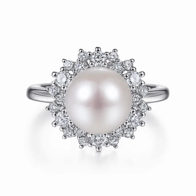 Red Dress Luminous Sparkle 14K White Gold Round Pearl and Diamond Halo Ring