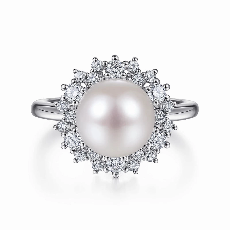 Red Dress Luminous Sparkle 14K White Gold Round Pearl and Diamond Halo Ring
