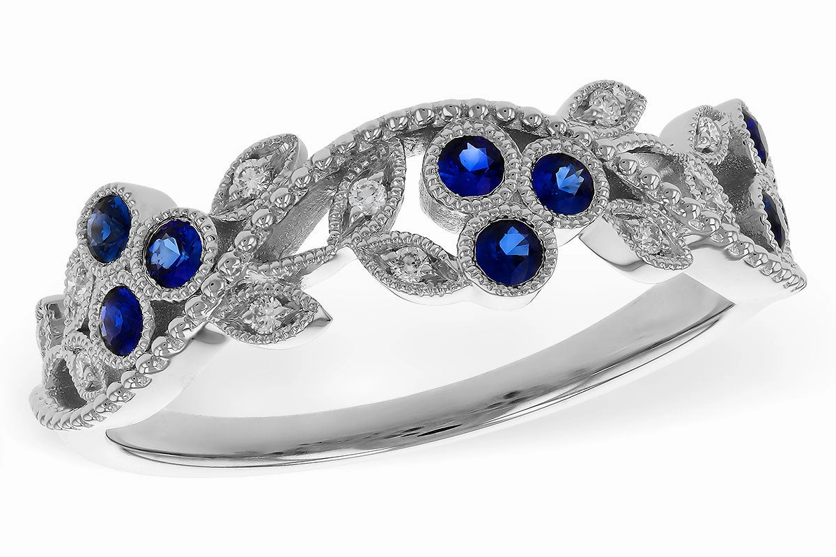Chic Appeal Handmade Process 14K White Gold Sapphire & Diamond Floral Fashion Ring
