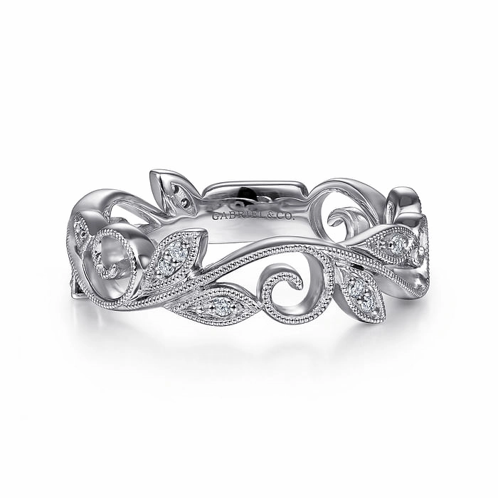 Everyday Favorite Glitter Detail 14K White Gold Scrolling Floral Diamond Stackable Ring