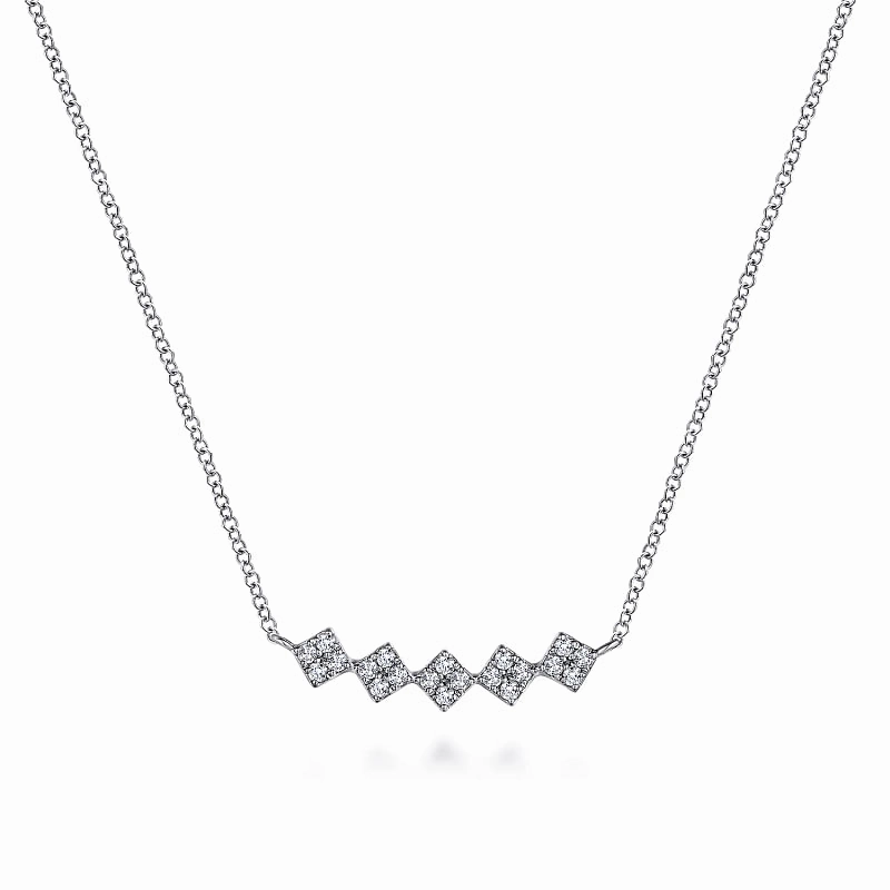 Fashionable Design Timeless Gems 14K White Gold Square Station Diamond Pave Curved Bar Necklace