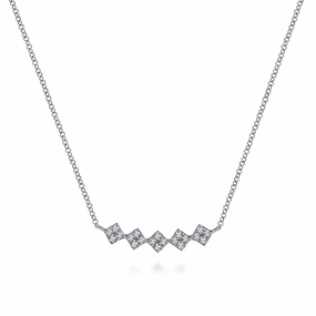 Fashionable Design Timeless Gems 14K White Gold Square Station Diamond Pave Curved Bar Necklace