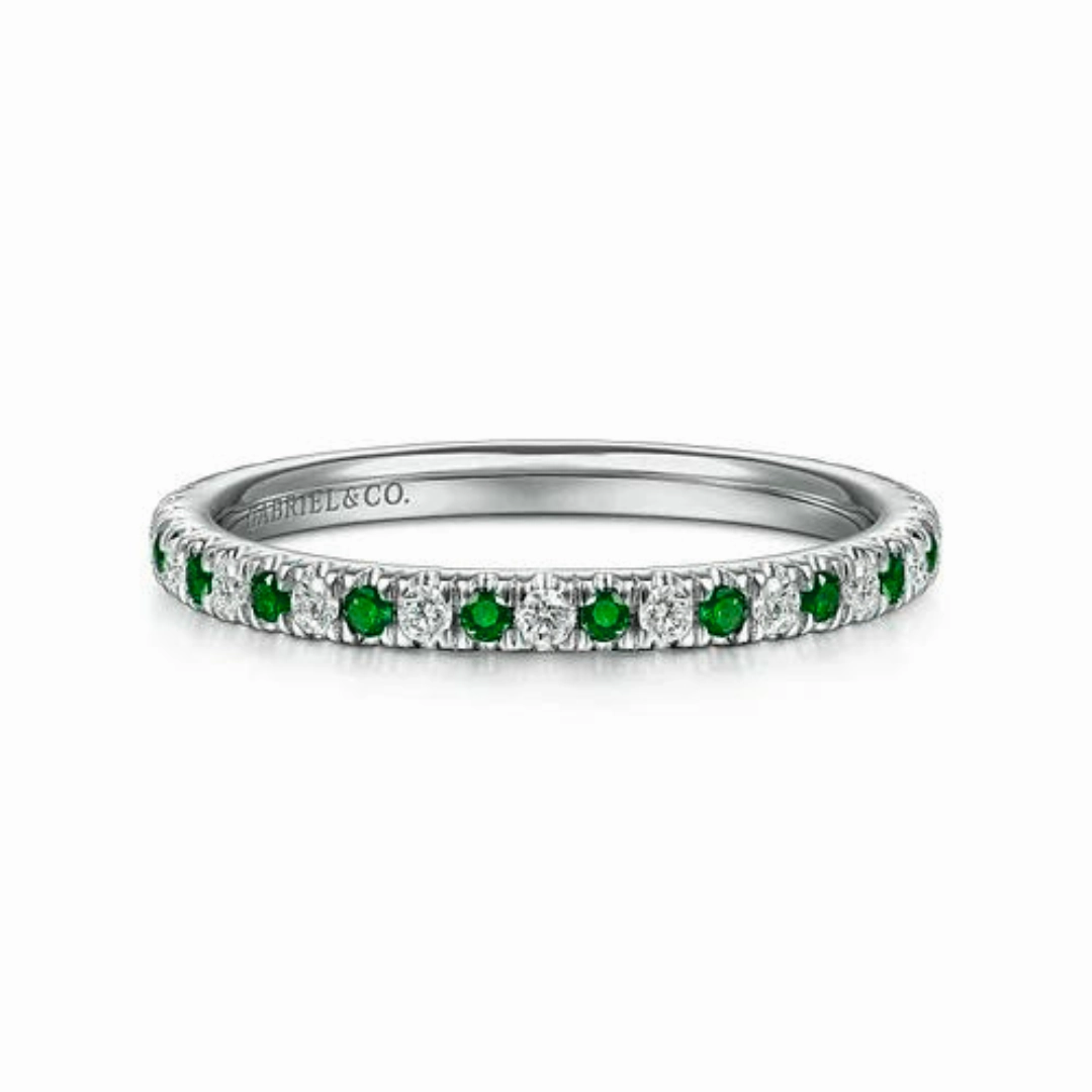 Ethereal Accent 14K White Gold Thin Stackable Emerald and Diamond Ring