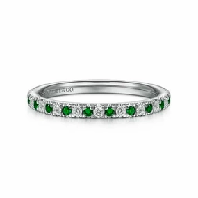 Ethereal Accent 14K White Gold Thin Stackable Emerald and Diamond Ring
