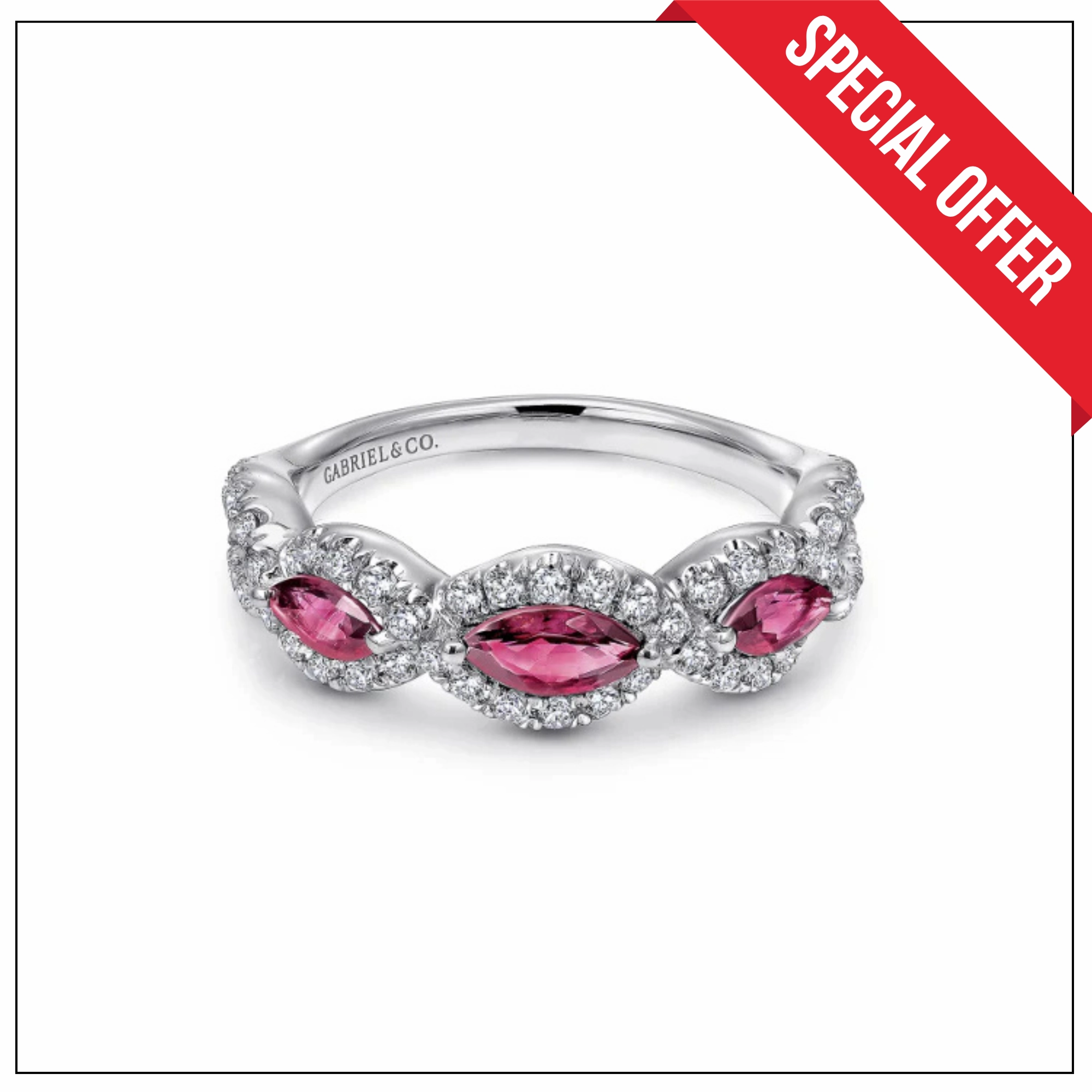 Radiant Accessories 14K White Gold Twisted Diamond Rows and Ruby Marquise Stones Ring
