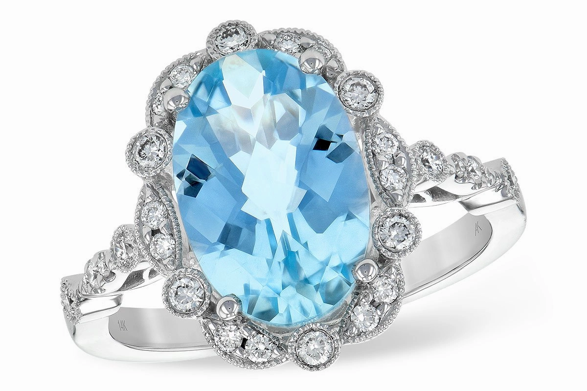 14K White Gold Vintage Aquamarine Halo Diamond Ring Sturdy Embellishment