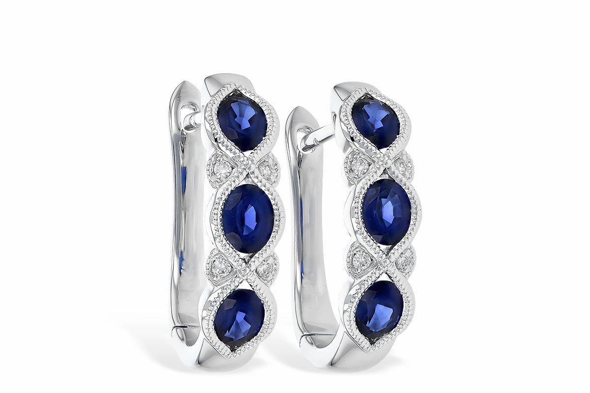 14K White Gold Vintage Inspired Oval Blue Sapphire & Diamond Huggie Earrings Attractive item