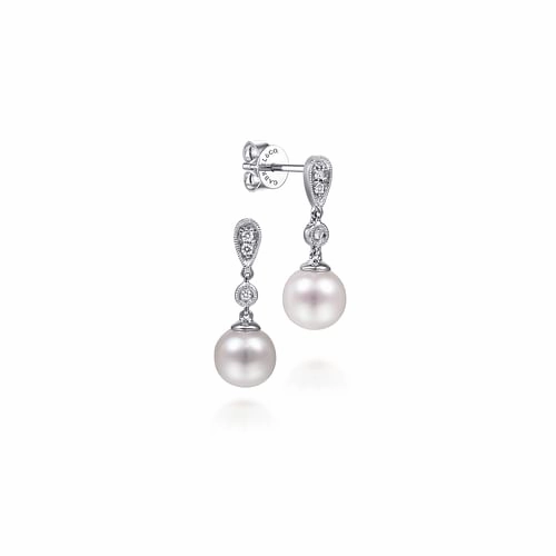 Balanced Accent 14K White Gold Vintage Inspired Style Diamond Pearl Drop Earrings