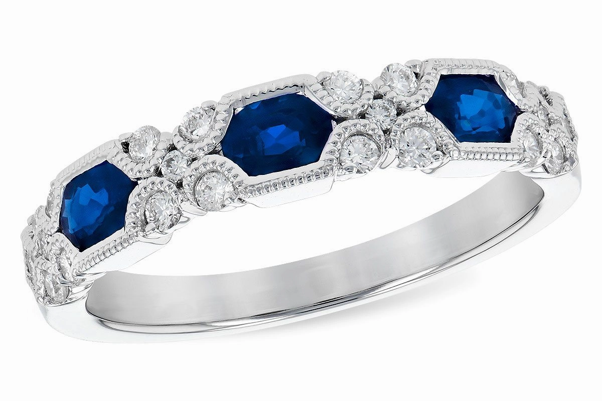14K White Gold Vintage Style Blue Sapphire and Diamond Band Premium Gift