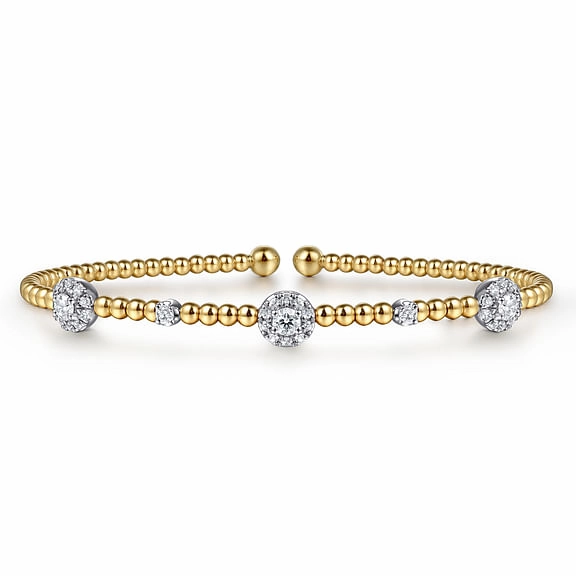 14K White-Yellow Gold Bujukan Bead Cuff Bracelet with Diamond Cluster Stations Seasonal Edge Expressive Edge