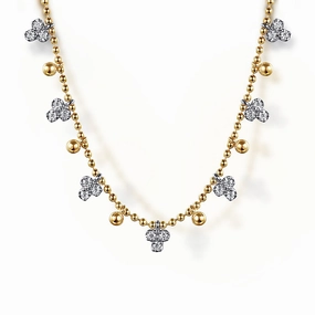 14K White Yellow Gold Bujukan Beads and Diamond Droplet Necklace Charming Look Luxury Touch