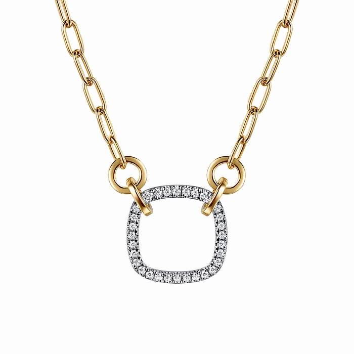 Classy Accent Timeless Contour 14K White Yellow Gold Open Cushion Shape Diamond Hollow Paperclip Chain Necklace